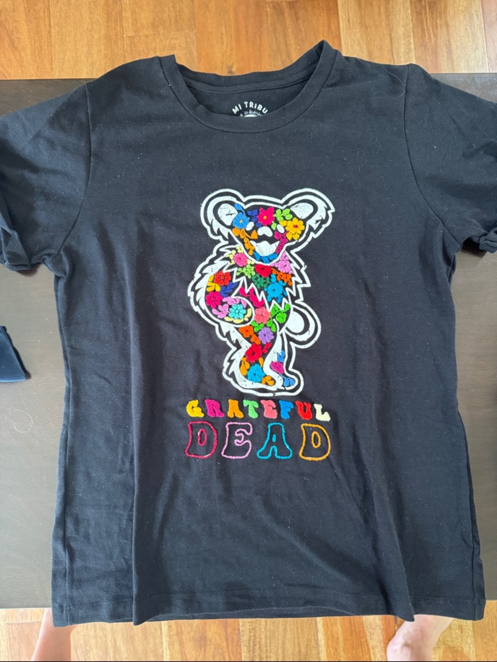 Grateful Dead Women's Black Graphic Tee with Colorful Bear